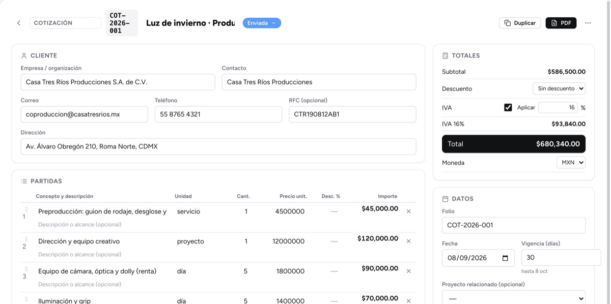 Cotización con folio, cliente, totales con IVA y estado enviada