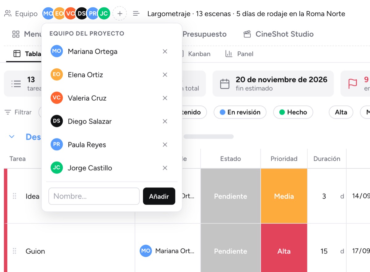 Crew del proyecto: avatares en la cabecera y lista de personas con el campo para añadir