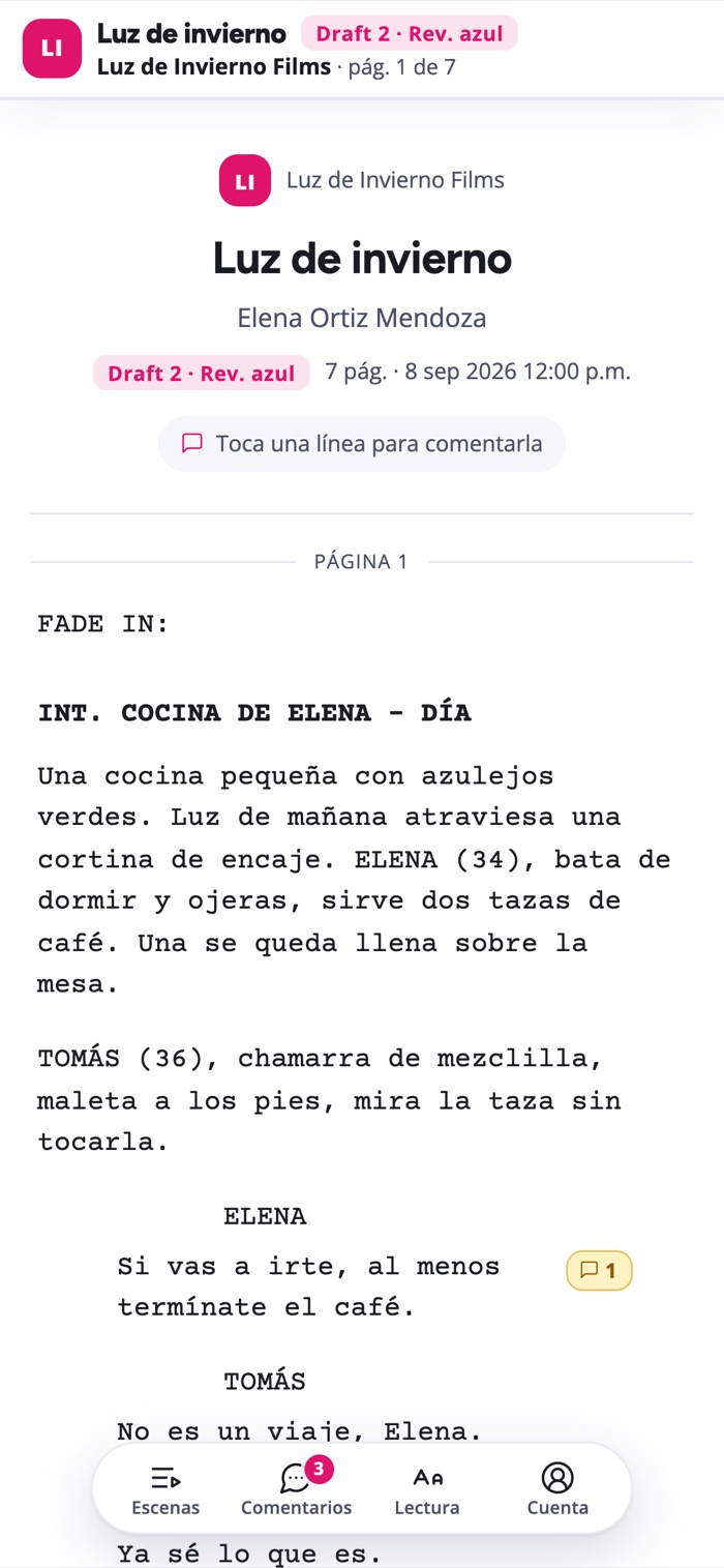 Lector de guion en el celular en modo continuo, con las marcas de los comentarios en el margen