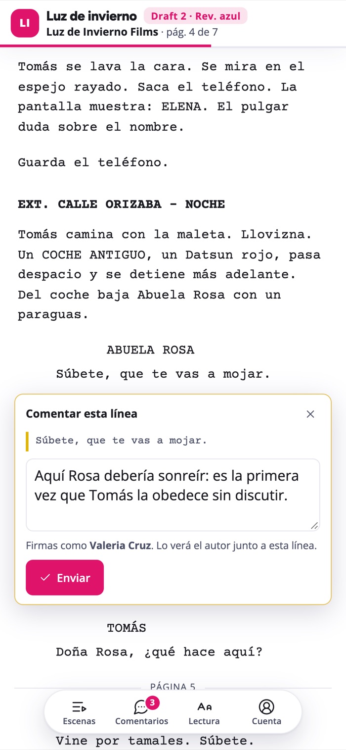 Escribiendo un comentario sobre una línea del guion desde el celular